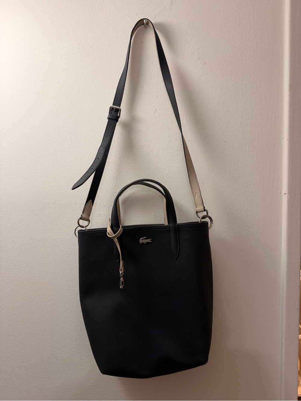 Lacoste Black Tote with Contrast Strap and Top Handles